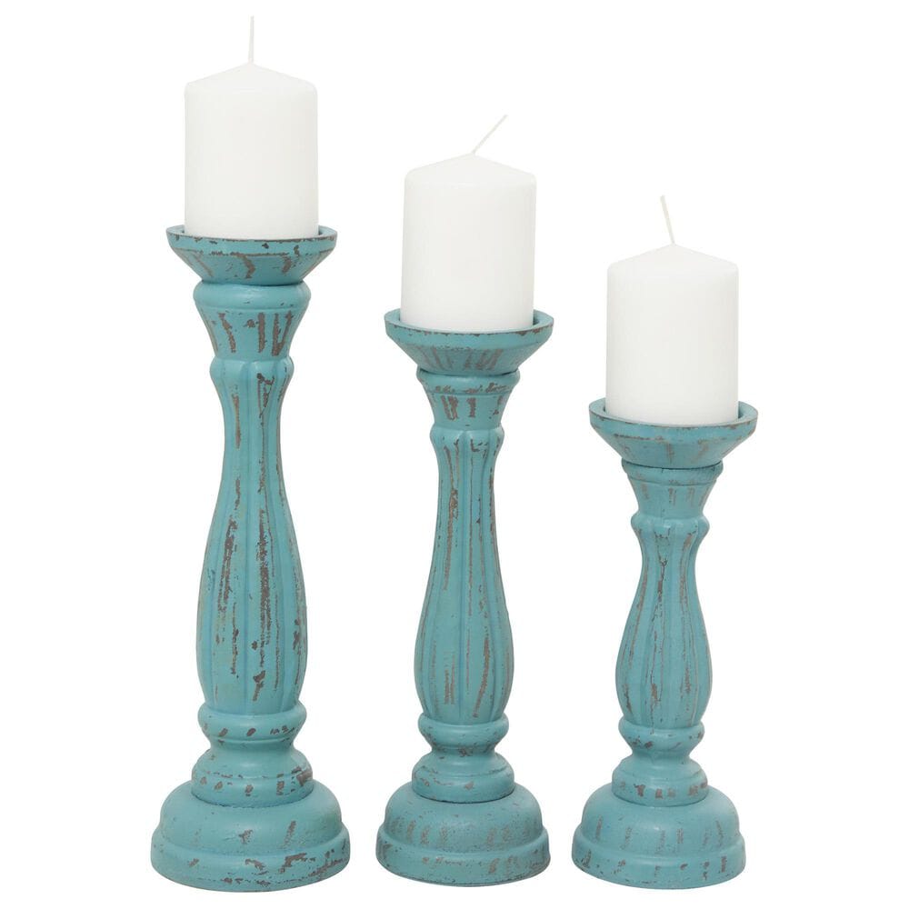 Maple and Jade Turned Pillar Decorative Candle Holder in Distressed Blue and Brown &#40;Set of 3&#41;, , large