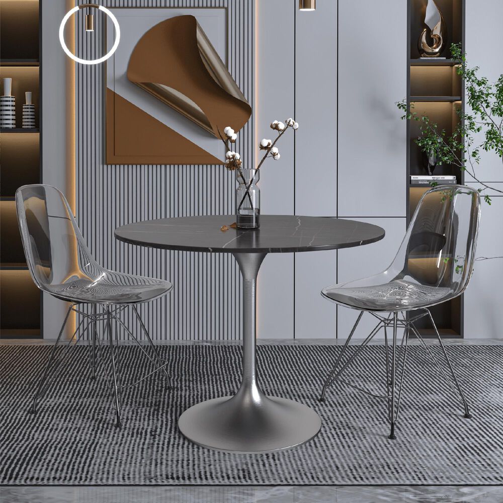 Leisuremod LeisureMod Verve Collection 36 Round Dining Table, Brushed Chrome Base with Sintered Stone Black Top, , large