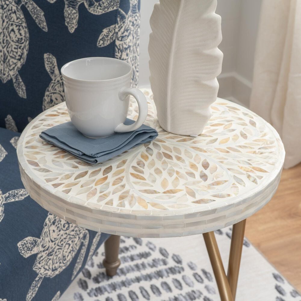 Linon Home Decor Padget Capiz Round Side Table in Cream and Gold, , large