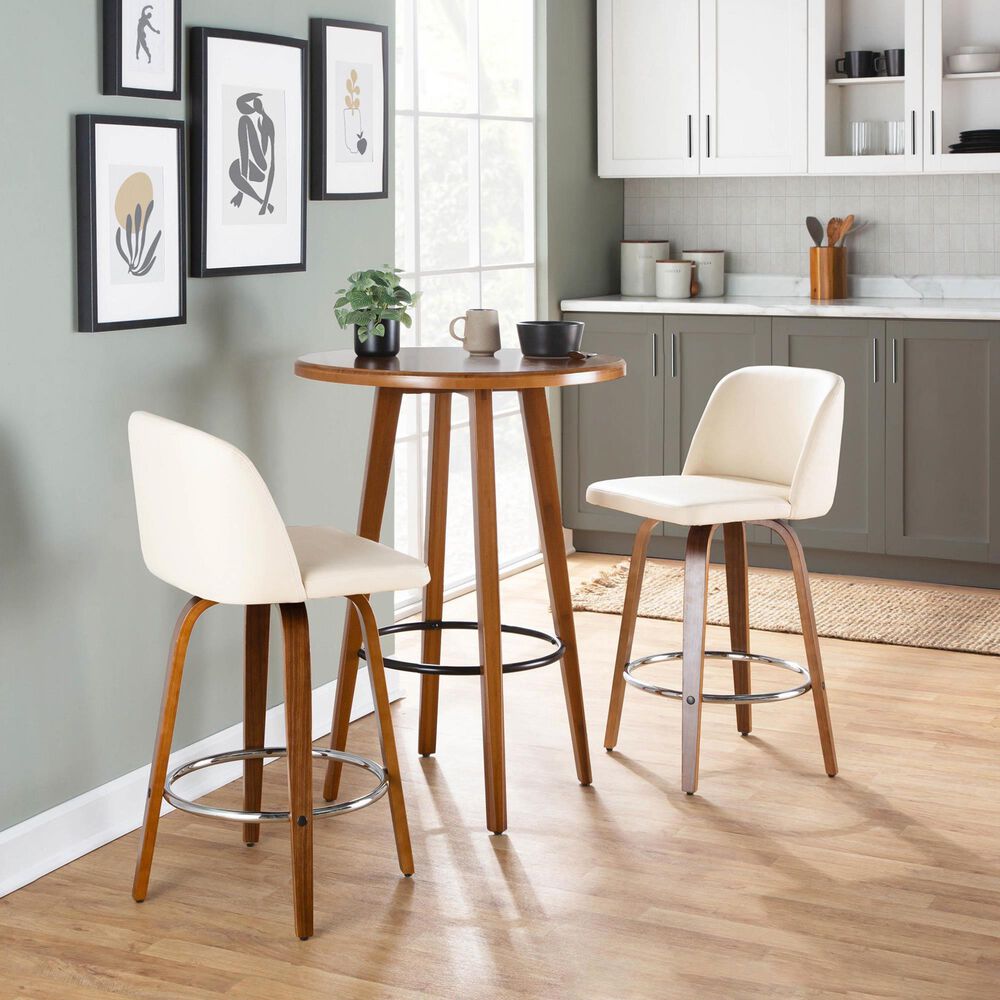 LumiSource Toriano Swivel Counter Stool with Cream Faux Leather Upholstery in Walnut and Chrome (Set of 2), , large
