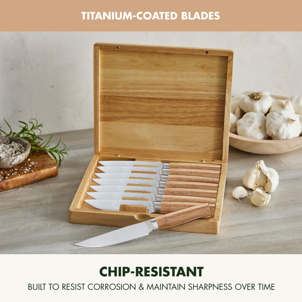 Green Pan Elite 8-Piece Steak Knife Set with Light-Wood Handles in Stainless Steel, , large