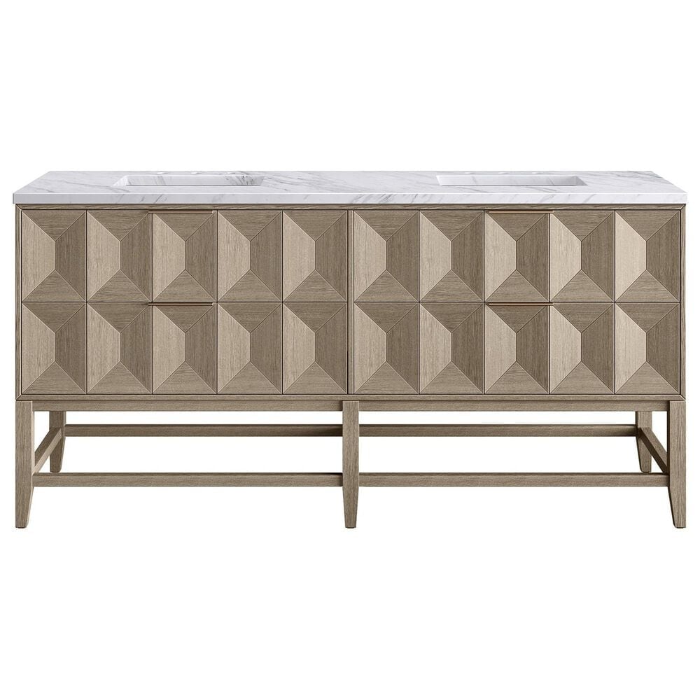 James Martin Vanities Emmeline 72" Double Bathroom Vanity in Pebble Oak with 3 cm Carrara White Marble Top and Rectangular Sinks, , large