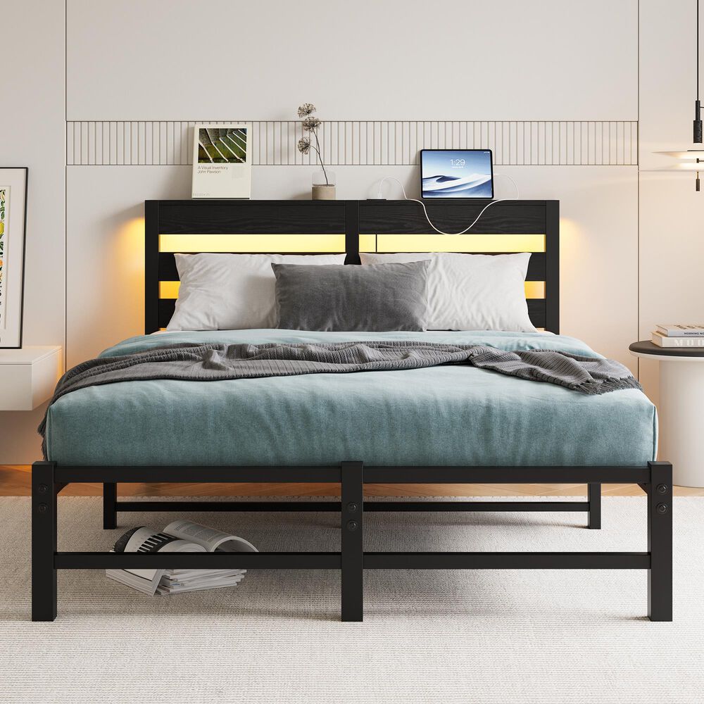 Hearth and Haven Full Metal Bed with RGB Lights and Storage Shelf in Black, , large