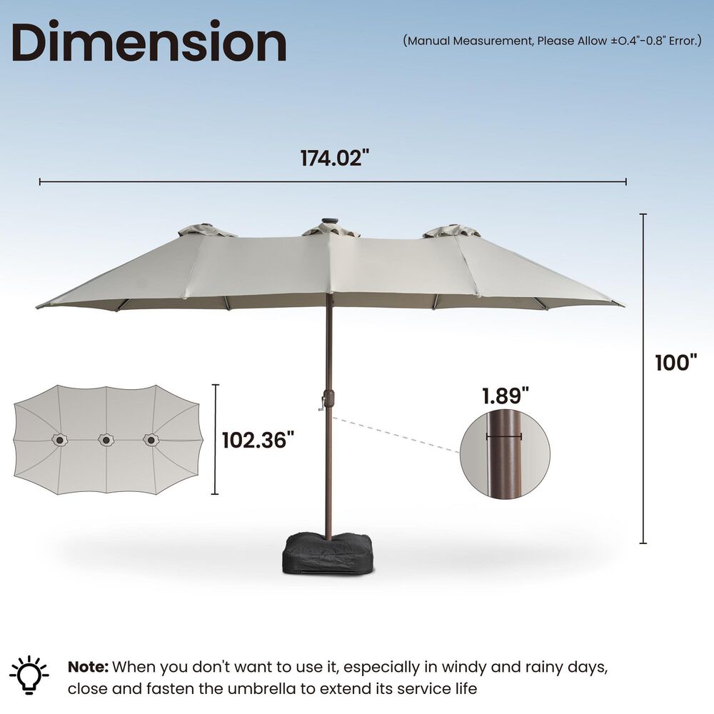 HOMLUX 15' Double-Sided Outdoor Market Umbrella with Sandbag Base and RGB LED Lights in Light Gray, , large