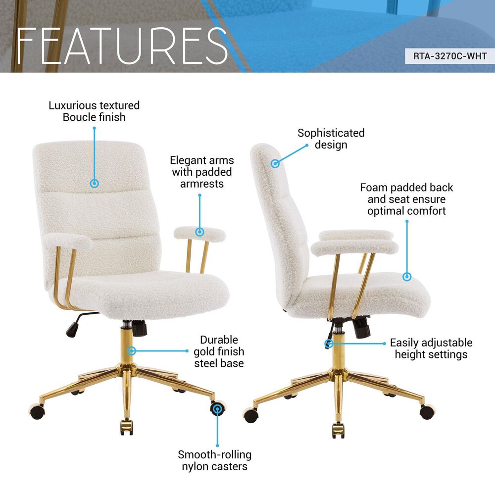 Rta Products Llc Elegant Textured Boucle Office Chair with Padded Arms in White, , large
