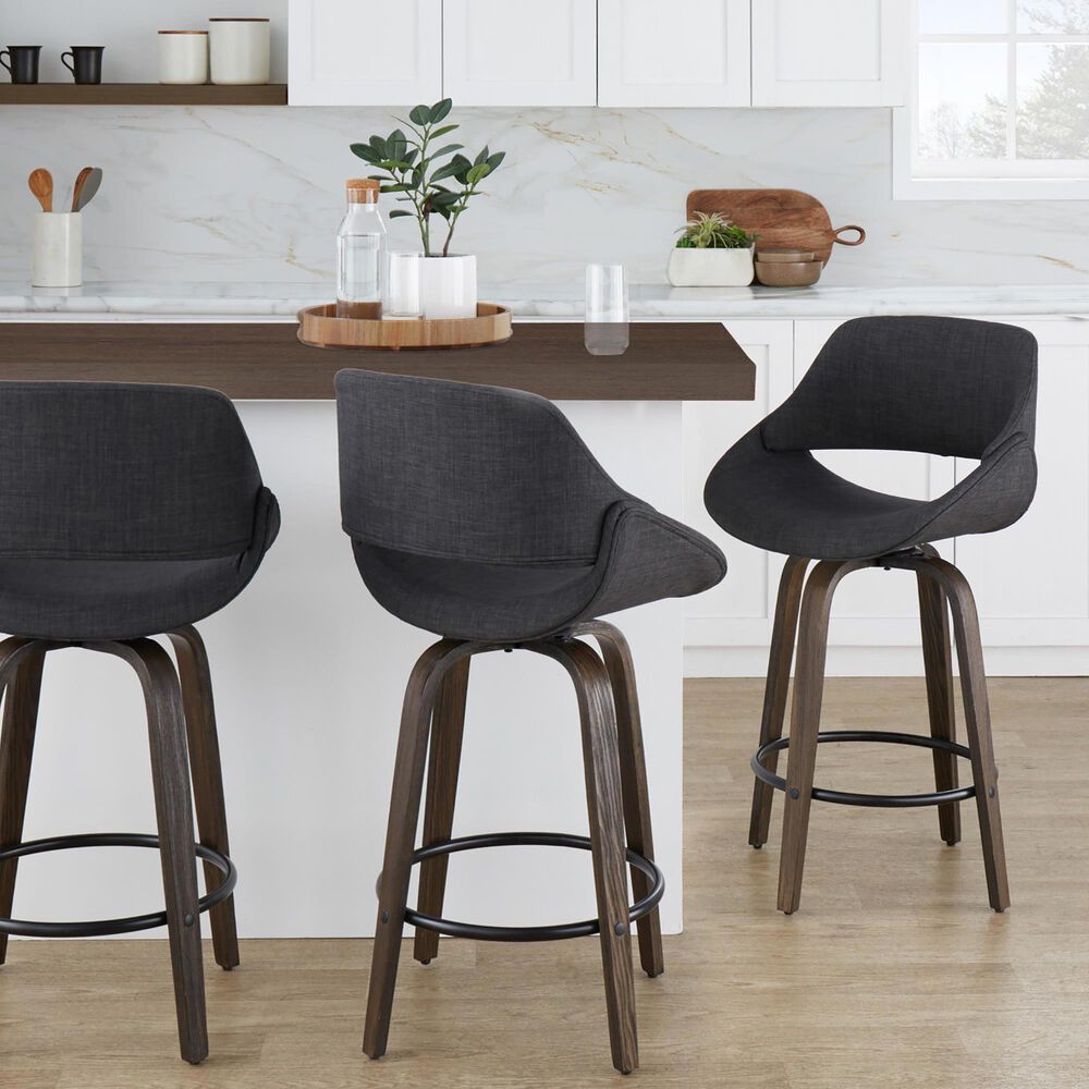 LumiSource Fabrico 26" Swivel Fixed-Height Counter Stool with Charcoal Fabric Upholstery in Black and Glazed Walnut (Set of 2), , large