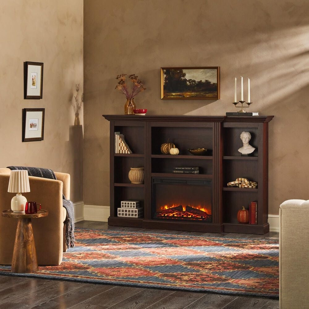 Walker Edison Cullen 70&quot; Electric Fireplace with Mantel and Shelves in Brown, , large