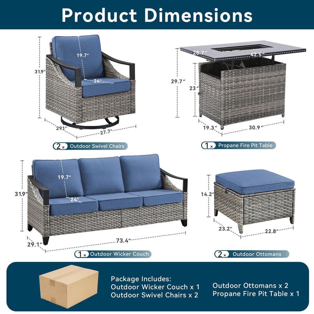 Sunwell Garden 6-Piece Patio Conversation Set with Fire Pit in Navy, , large