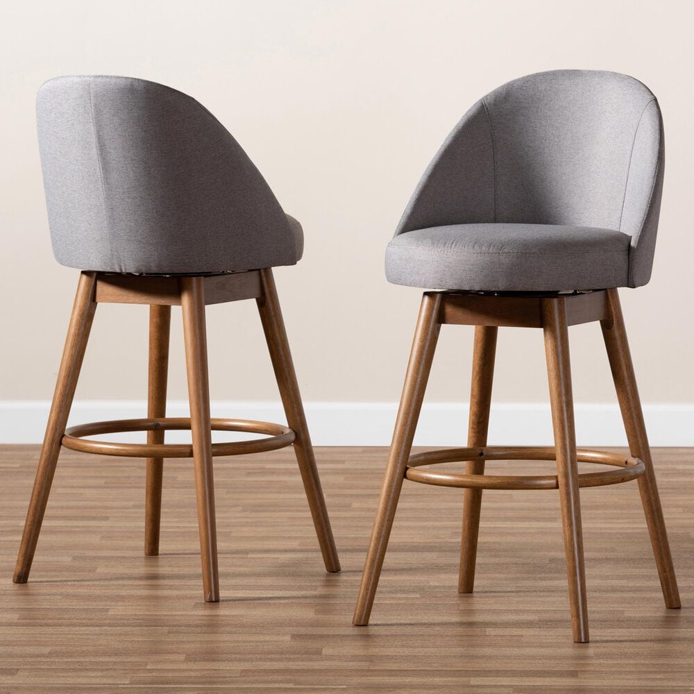Baxton Studio Carra Swivel Bar Stool with Grey Cushion in Walnut (Set of 2), , large