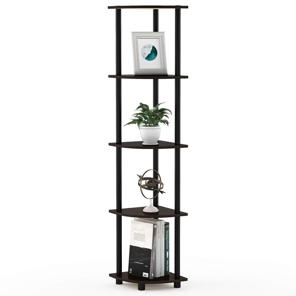 HOMLUX 5-Tier Modern Tall Corner Open Bookshelf in Dark Brown and Black, , large