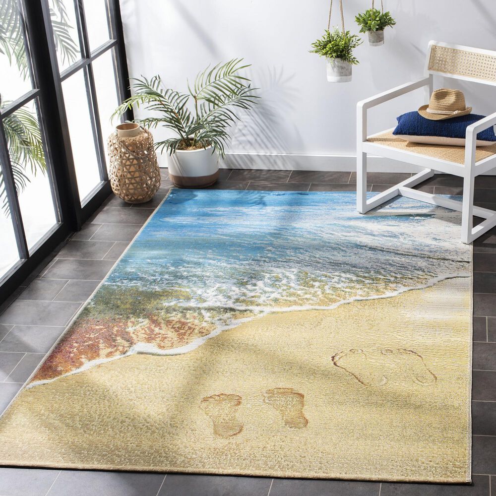 Safavieh Barbados Tropical Beach BAR550 3&#39;3&quot; x 5&#39;  Gold and Blue Indoor/Outdoor Area Rug, , large