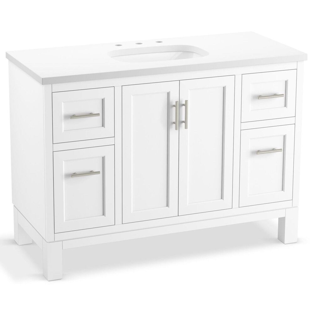 Kohler Quo 48" Single Bathroom Vanity in White with 3 cm Pure White Quartz Top and Oval Sink, , large