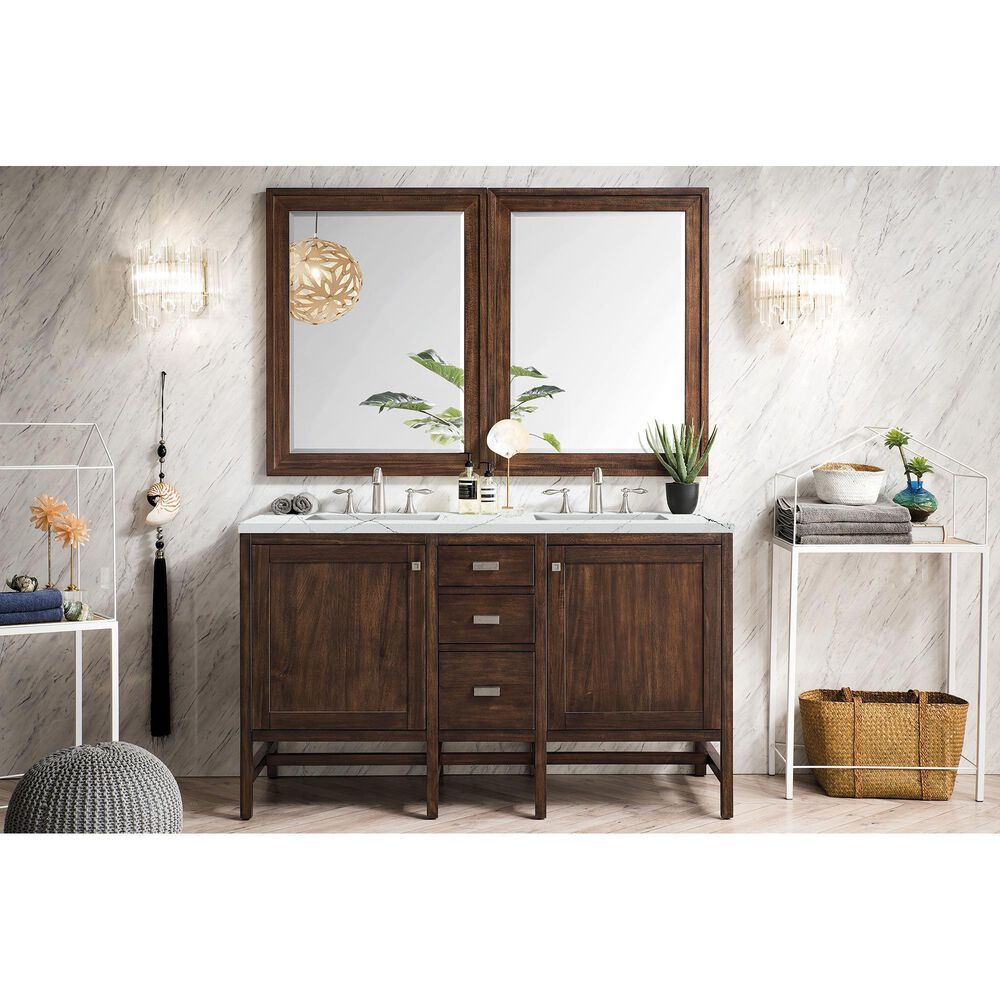 James Martin Vanities Addison 60&quot; Double Bathroom Vanity in Mid Century Acacia with 3 cm Ethereal Noctis Quartz Top and Rectangular Sinks, , large