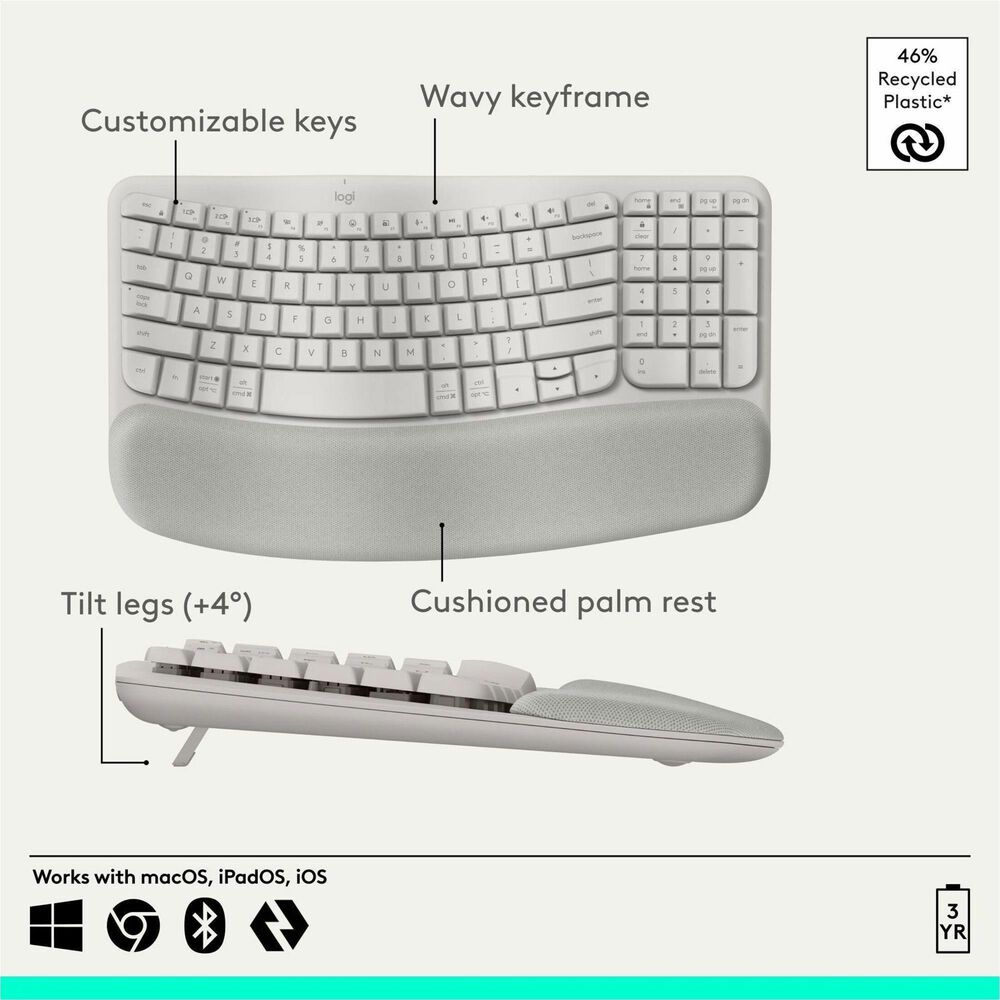 Logitech Wave Keys Wireless Ergonomic Keyboard in Sand, , large