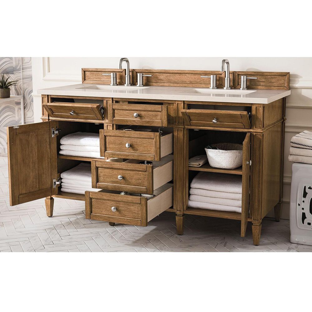 James Martin Vanities Brittany 60&quot; Double Bathroom Vanity in Saddle Brown with 3 cm Eternal Marfil Quartz Top and Rectangular Sinks, , large