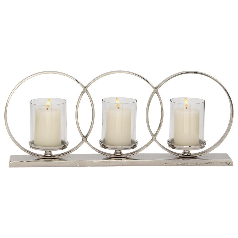 Maple and Jade Overlapping Rings Pillar 3 Plate Geometric Decorative Candelabra in Silver, , large