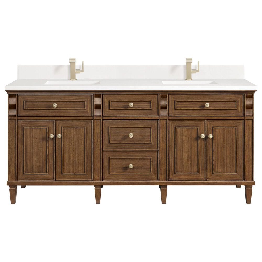 James Martin Vanities Lorelai 72"Double Vanity in Mid-Century Walnut with Single Hole 3 cm and White Zeus Quartz Top & Backsplash, , large