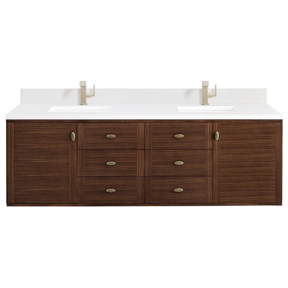 James Martin Vanities Amberly 72&quot; Double Bathroom Vanity in Mid-Century Walnut with Single Hole 3 cm White Zeus Quartz Top and Rectangular Sinks, , large