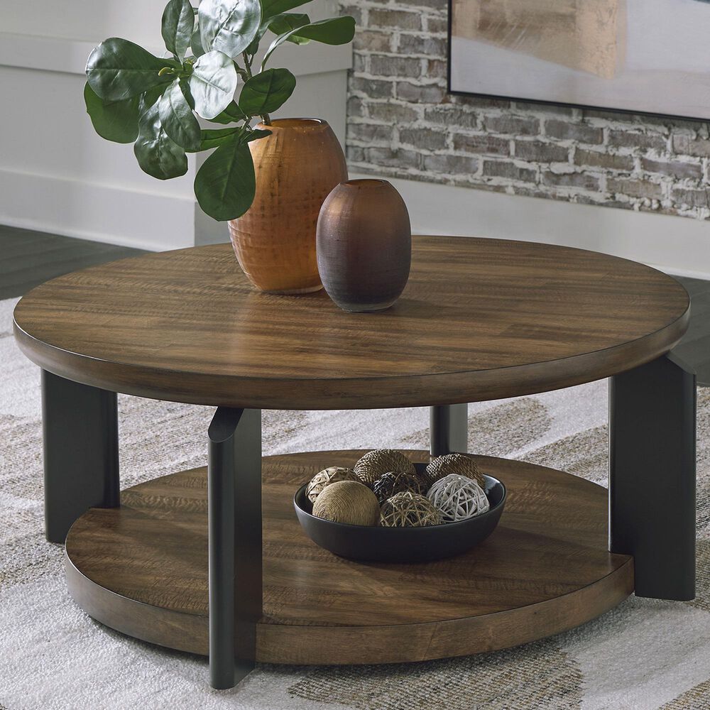 Ashley Kraeburn Round Cocktail Table in Brown and Black, , large