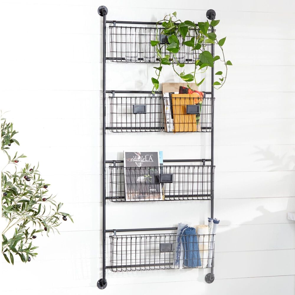 Maple and Jade 5-Slot Decorative Magazine Rack Holder with Suspended Baskets and Label Slot in Matte Black, , large