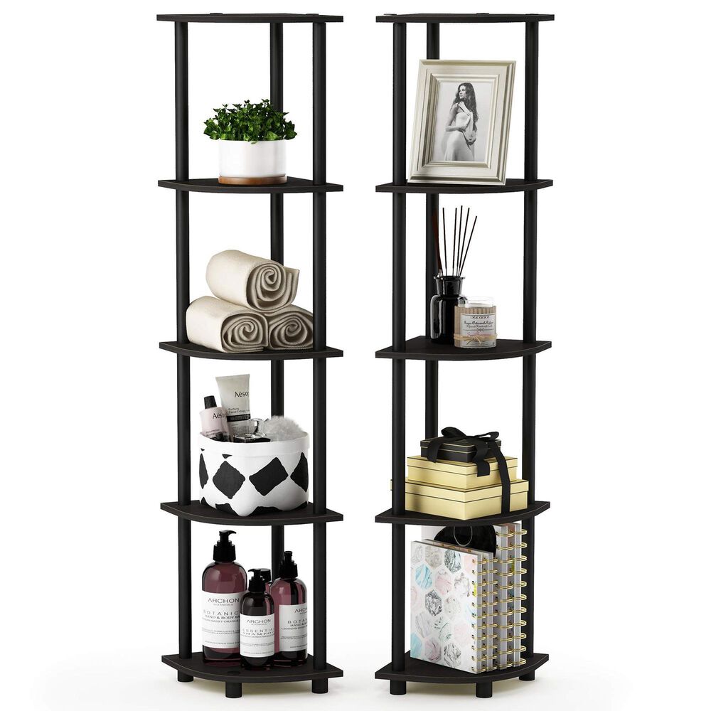 HOMLUX 5-Tier Multi-Purpose Corner Open Bookshelf in Espresso and Black (Set of 2), , large