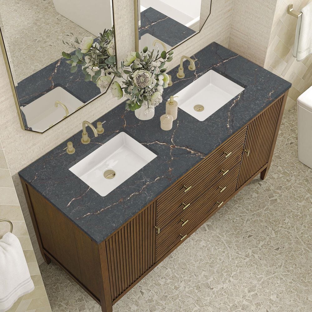 James Martin Vanities Myrrin 60&quot; Double Vanity in Mid Century Walnut with 3 cm Parisien Bleu Quartz Top, , large