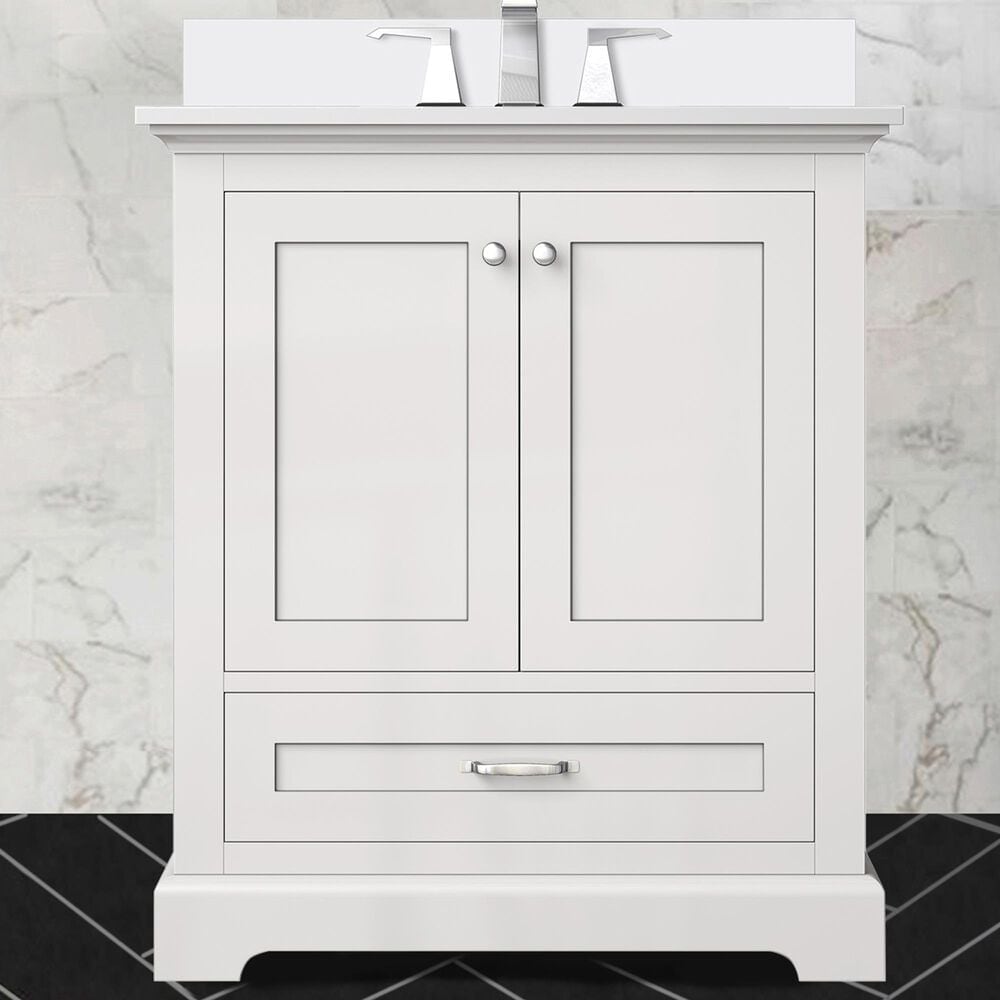 Lexora Home Dukes 30&quot; Single Bathroom Vanity in White with 2 cm White Cultured Marble Top and Rectangular Sink, , large