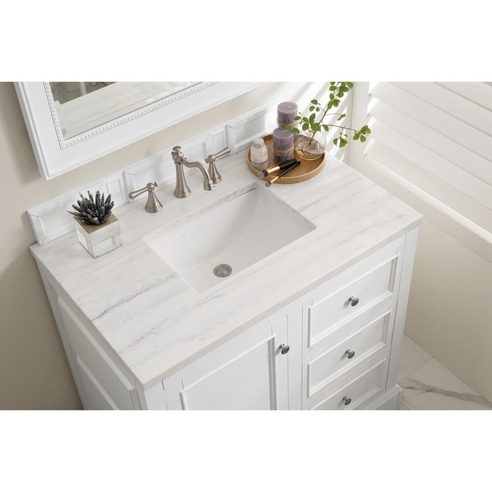 James Martin Vanities De Soto 36&quot; Single Bathroom Vanity in Bright White with 3 cm Arctic Fall Solid Surface Top and Rectangular Sink, , large