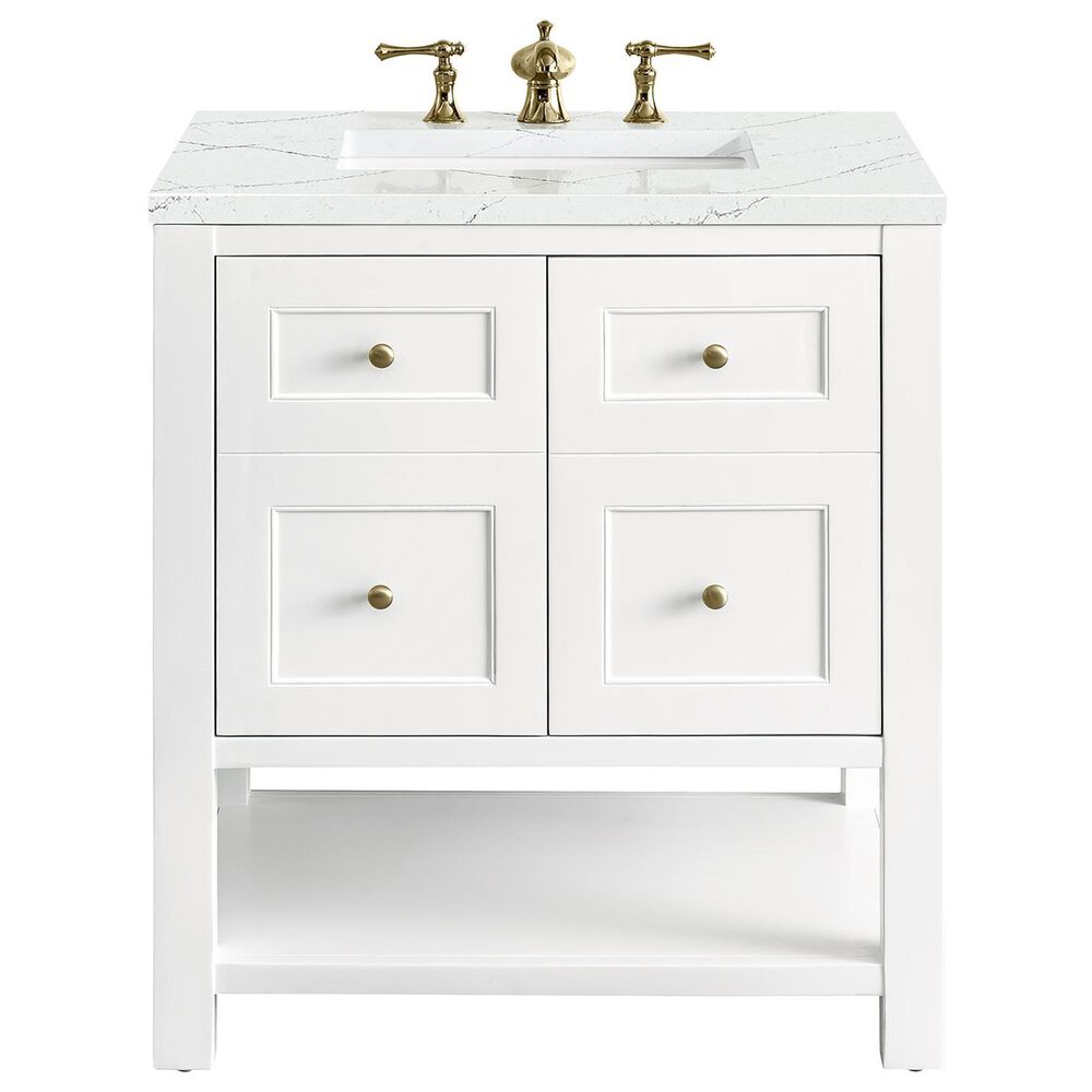 James Martin Vanities Breckenridge 30" Single Bathroom Vanity in Bright White with 3 cm Ethereal Noctis Quartz Top and Rectangular Sink, , large