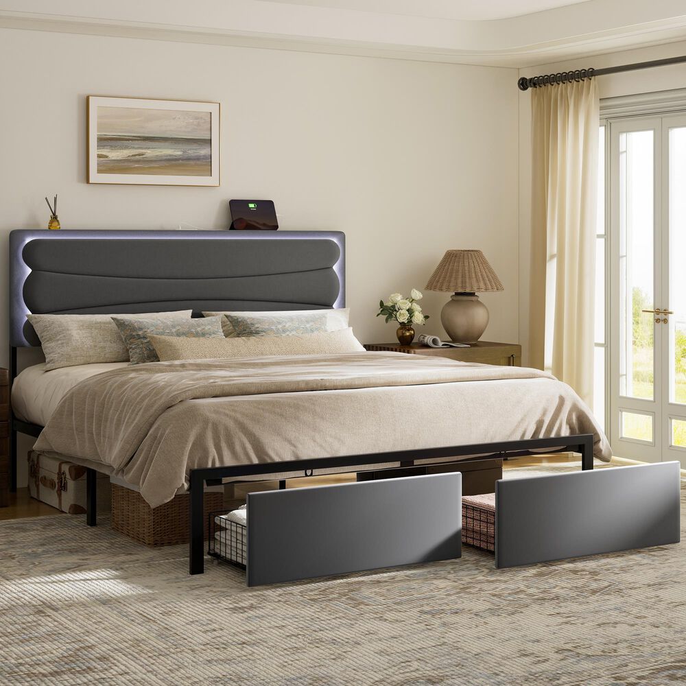 HOMLUX Queen Upholstered Platform Storage Bed Frame in Gray, , large