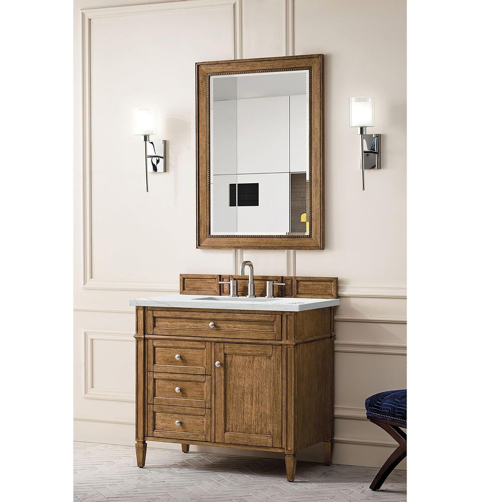 James Martin Vanities Brittany 36&quot; Single Bathroom Vanity in Saddle Brown with 3 cm Ethereal Noctis Quartz Top and Rectangular Sink, , large