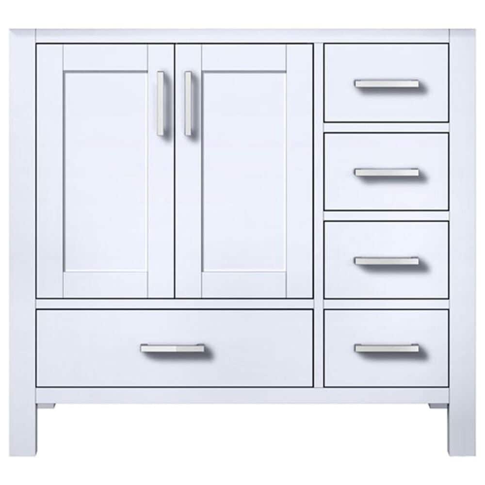Lexora Home Jacques 36&quot; Left Offset Single Bathroom Vanity in Dark Grey with 2 cm White Quartz Top, Rectangular Sink and 34&quot; Mirror, , large
