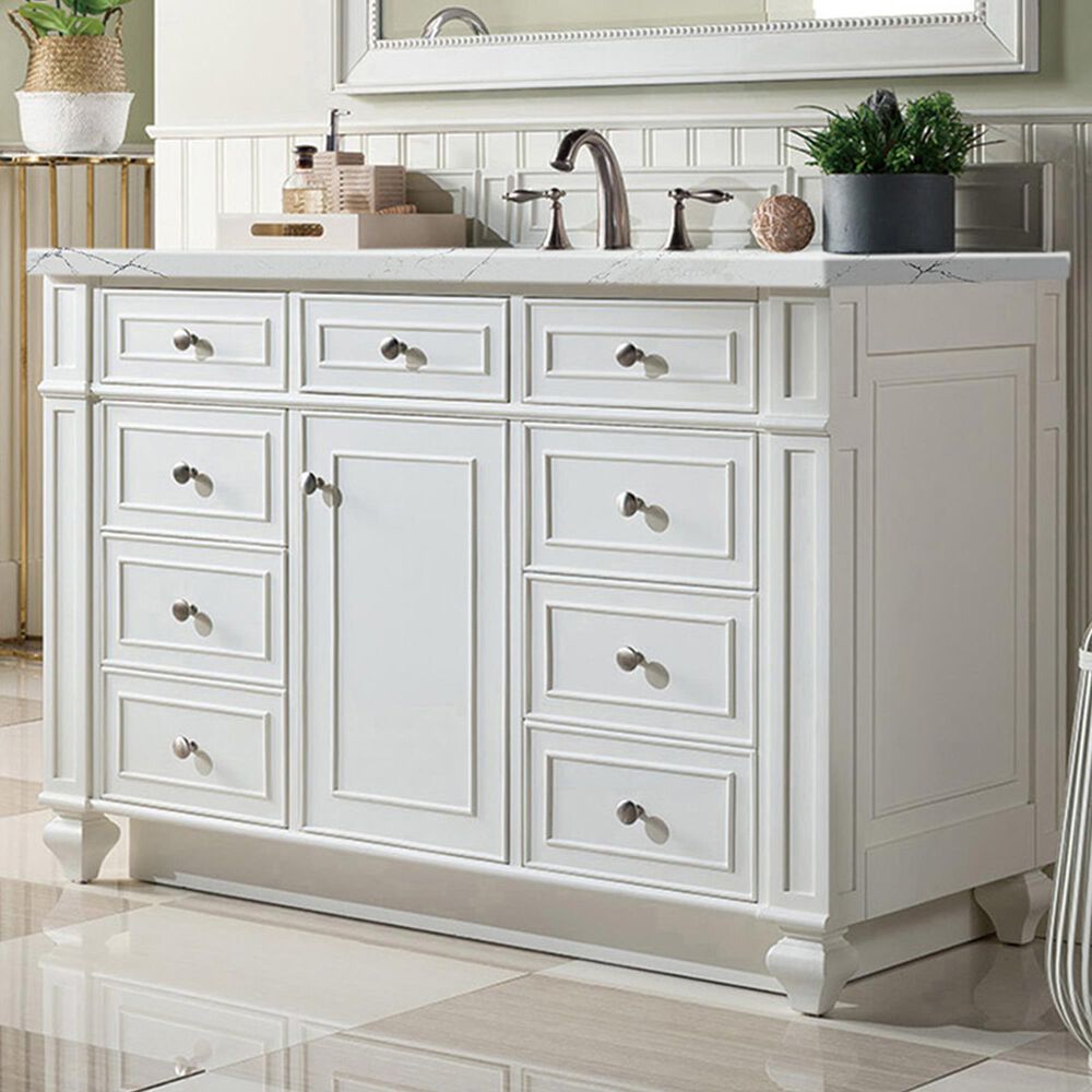 James Martin Vanities Bristol 48&quot; Single Bathroom Vanity in Bright White with 3 cm Ethereal Noctis Quartz Top and Rectangular Sink, , large