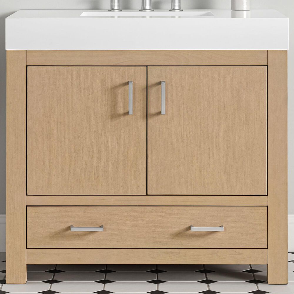 37B Alanya 36" Single Bathroom Vanity in Warm Oak with White Composite Stone Top, , large