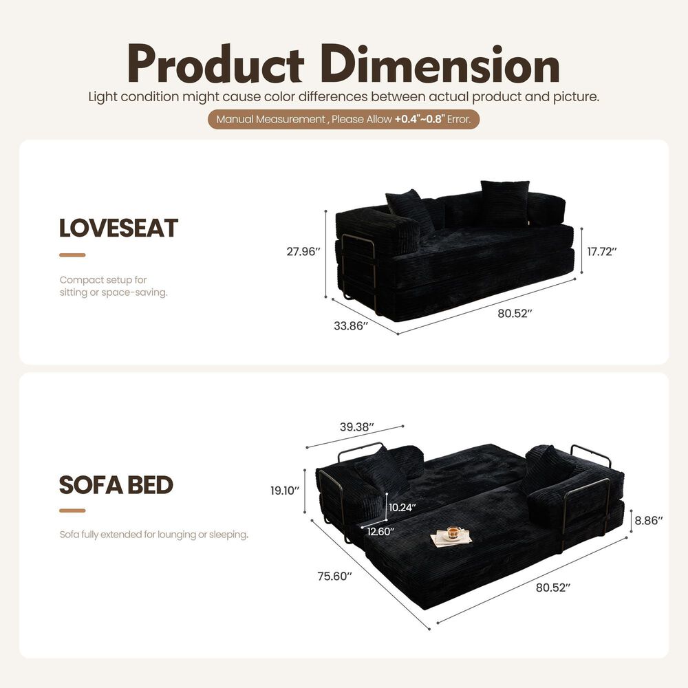 HOMLUX 80" Convertible Modular Sofa Bed in Black, , large