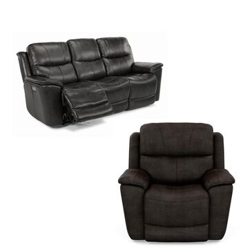Flexsteel Cade Leather Power Reclining Sofa and Recliner with Power Headrest in Raven, , large