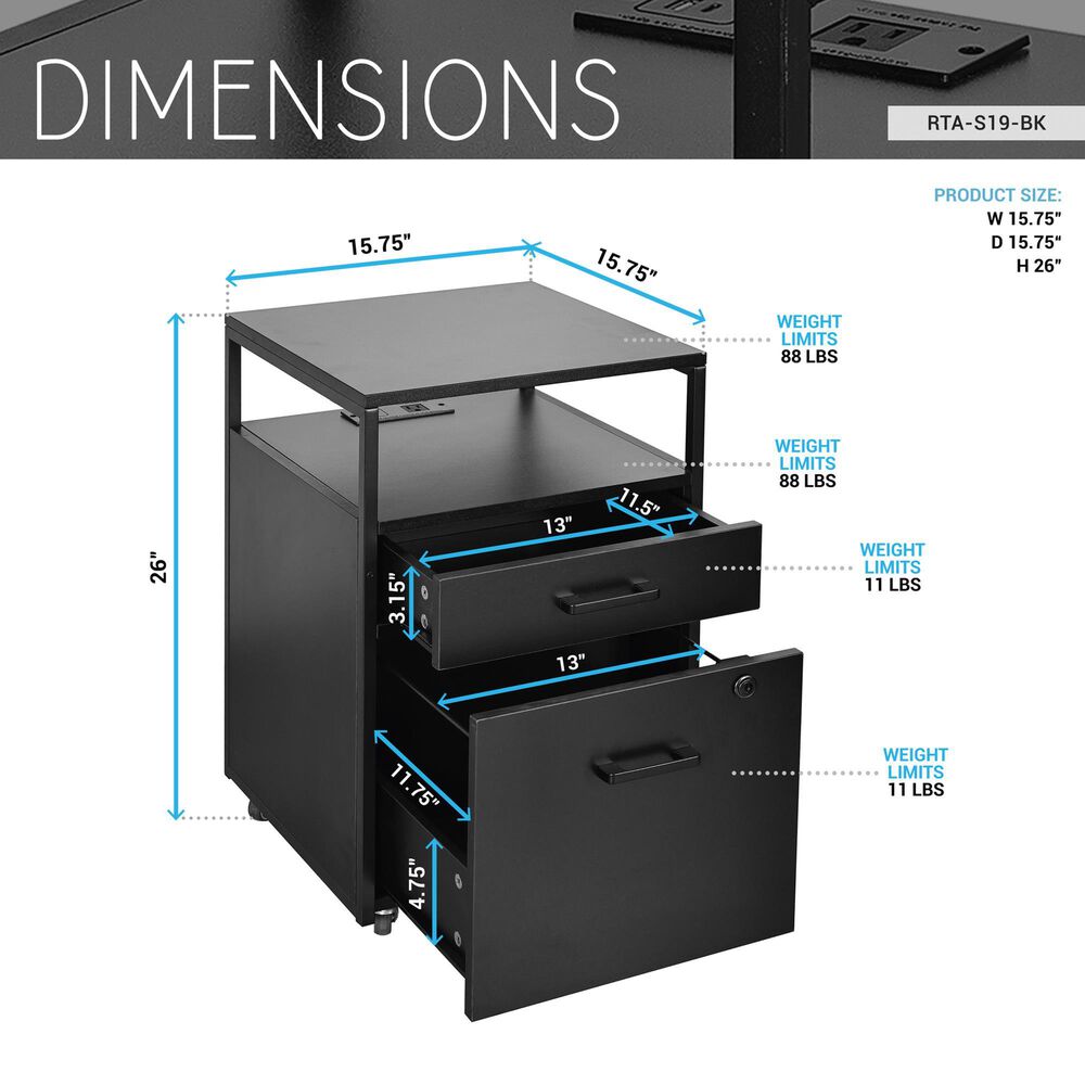 Rta Products Llc Modern Rolling File Cabinet with USB Charging Ports and Power Outlet in Black, , large