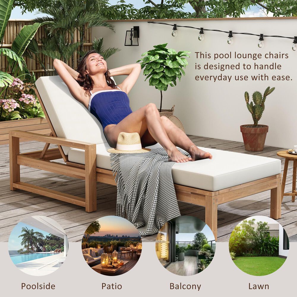 HOMLUX Adjustable Outdoor Chaise Lounge with Armrests and Light Teak Frame in Beige (Set of 2), , large