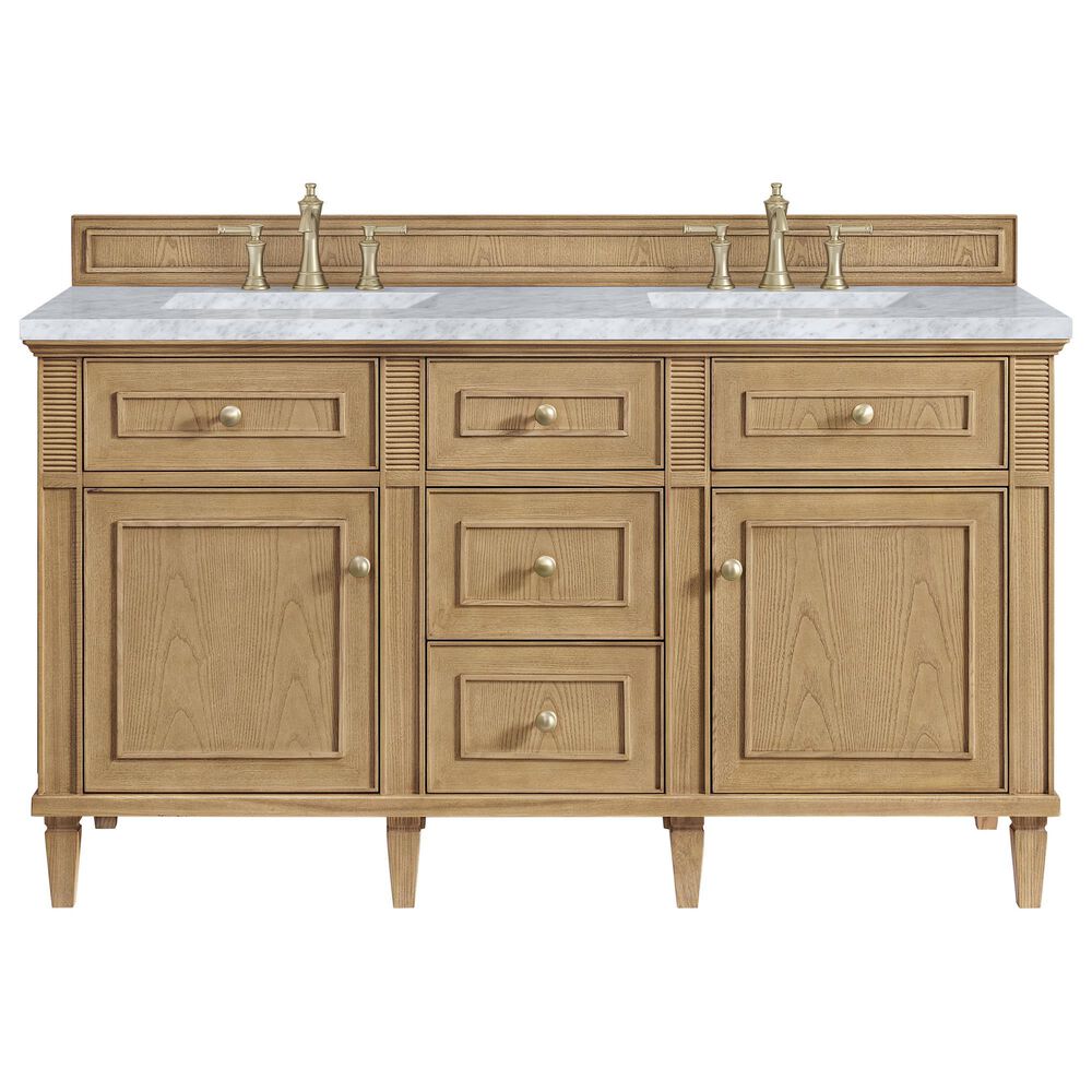 James Martin Vanities Lorelai 60&quot; Double Vanity in Light Natural Oak with 3 cm Carrara White Marble Top, , large