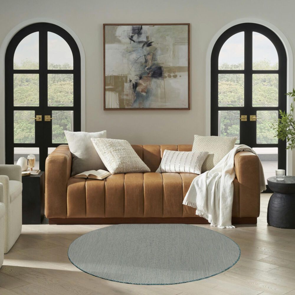 Nourison Courtyard Ivory and Aqua 5&#39; Round Indoor/Outdoor Area Rug, , large