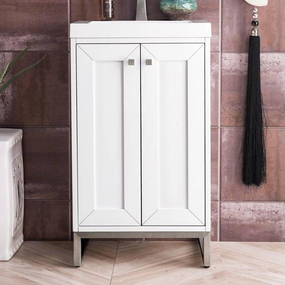 James Martin Chianti 20" Single Bathroom Vanity in Glossy White and Brushed Nickel with White Glossy Solid Surface Resin Top, , large