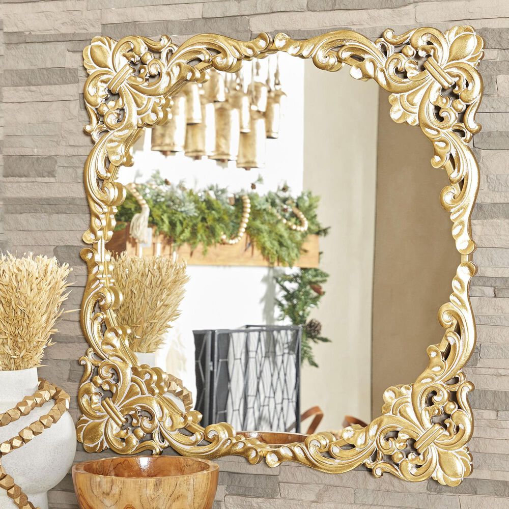 Maple and Jade 30&quot; Square Ornate Baroque Floral Wall Mirror with Distressed Details in Satin Gold, , large