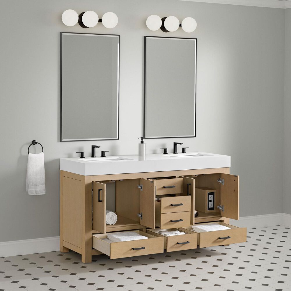 37B Alanya 60" Double Bathroom Vanity in Warm Oak with White Composite Stone Top, , large