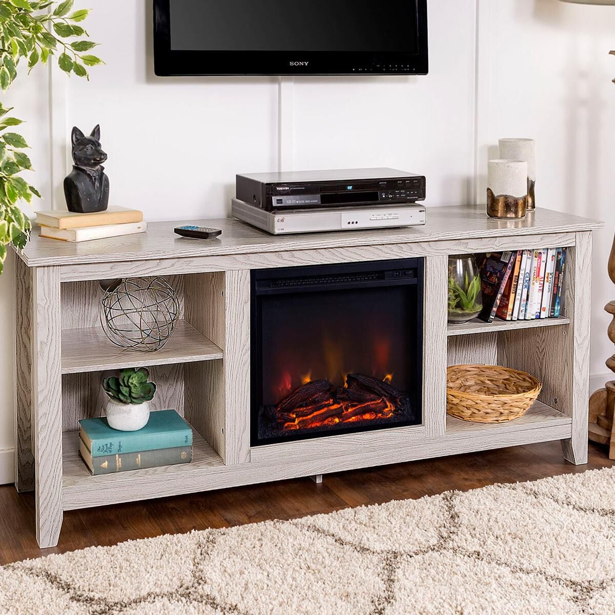 Fireplace tv stand whitewash hot sale