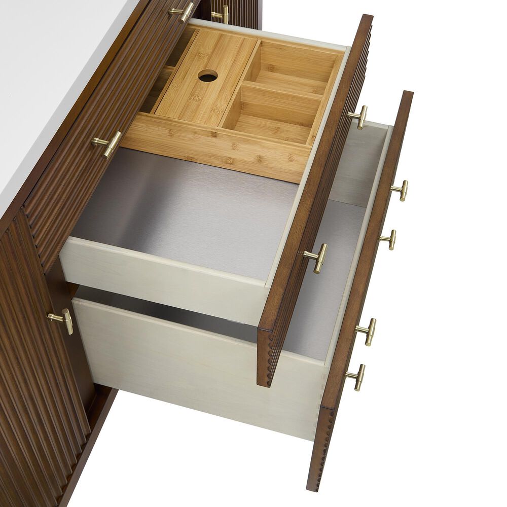 James Martin Vanities Myrrin 60&quot; Double Vanity in Mid Century Walnut with 3 cm Arctic Fall Solid Surface Top, , large