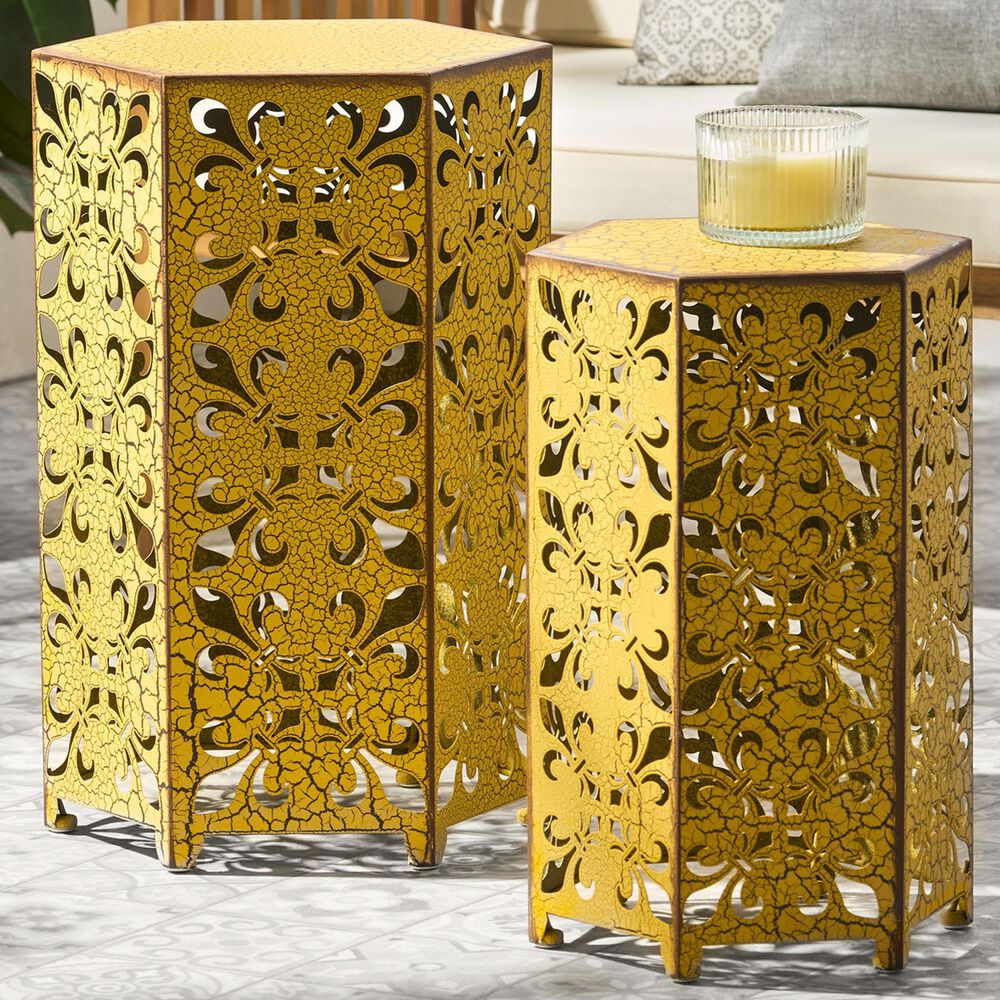 Hearth and Haven Selva Patio Accent Table in Antique Yellow &#40;Set of 2&#41;, , large