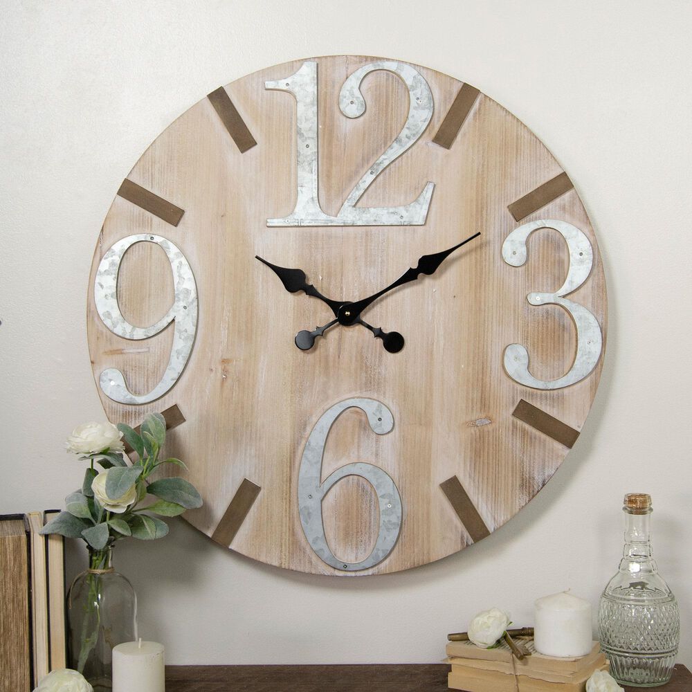 37B 28" Wood and Metal Wall Clock in Brown and Grey, , large