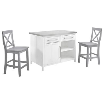 Crosley Furniture Silvia 3-Piece Kitchen Island Set with X-Back Stools in Gray and White, , large