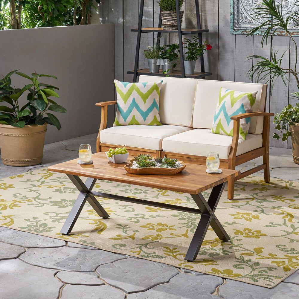 Hearth and Haven Outdoor Coffee Table with Metal X-Frame Base in Brown and Black, , large