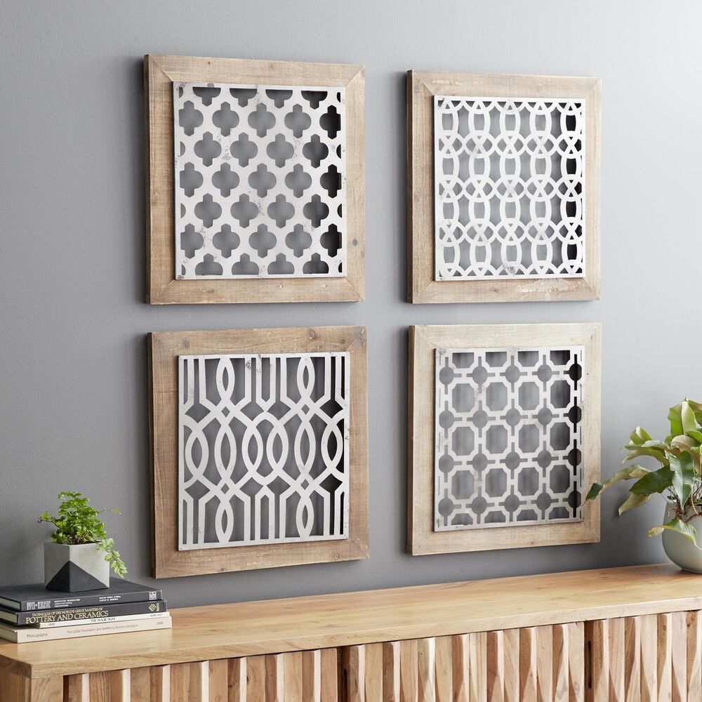 Maple and Jade 19&quot; x 19&quot; Square Home Wall Decor with Trellis Cutouts in Brown and Silver &#40;Set of 4&#41;, , large